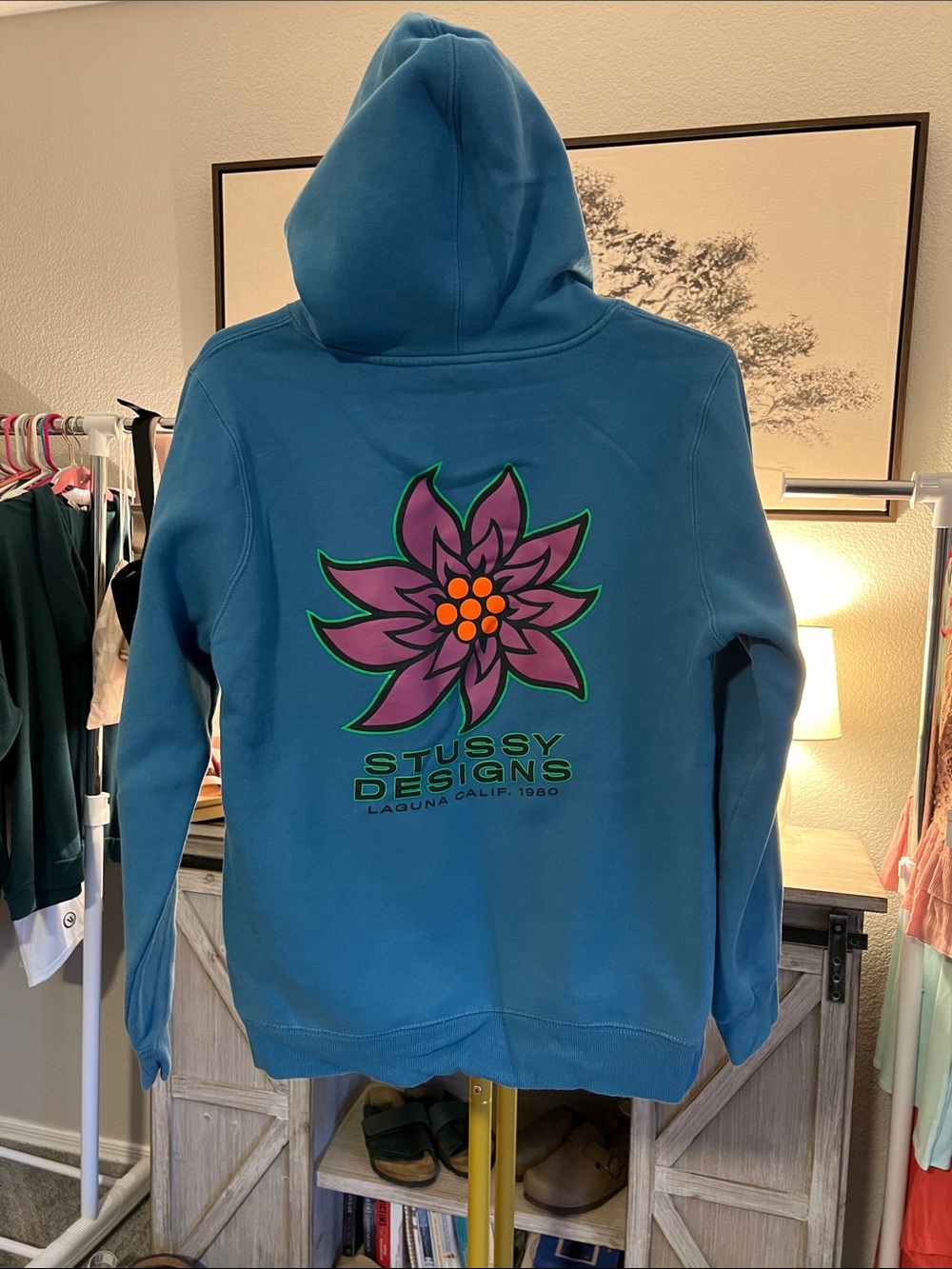 Stussy Teal Hoodie with Purple Floral Graphic Size M (unisex)